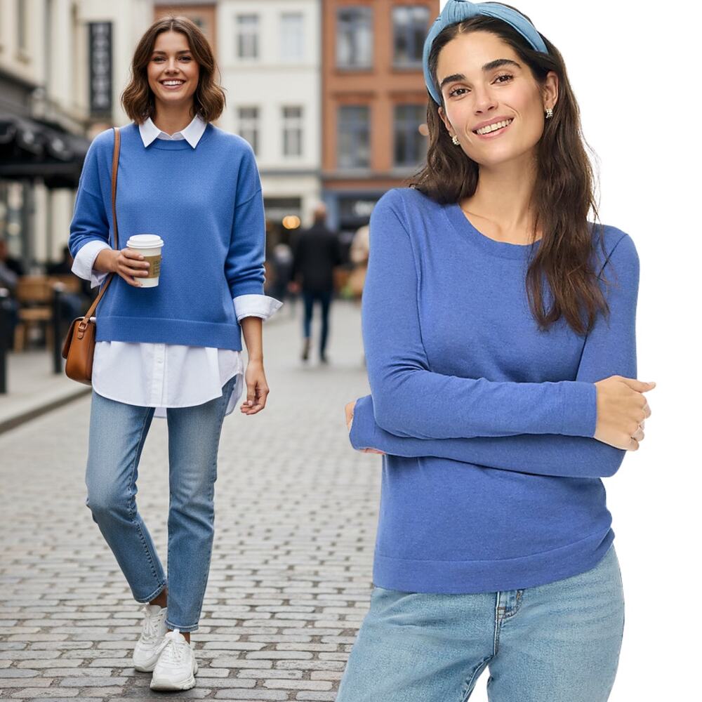 J.Crew Cotton Teddie Crewneck Lightweight Sweater Blue Hthr Noble Peri XL Preppy